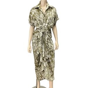 Mable Dress Small Women Green Print Short Sleeve Button Front Collared Midi